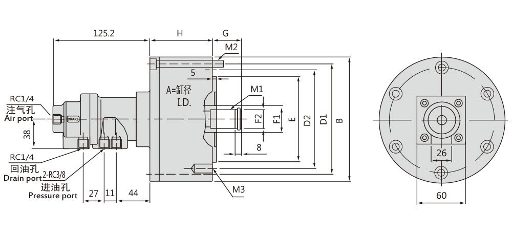 RK-Z Rotating Hydraulic Cylinder with Air Connection and Safety Device